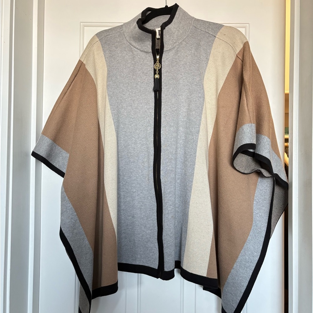 Anne Klein Gray, Cream and Black Knit Poncho with Zip